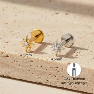 チタン16Gノーススターキュービックジルコニアフラットバックイヤリング、小さなスターバーストヘリックス軟骨スタッド、耳たぶピアスジュエリー
