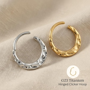 Titanium 16G Textured Hammered Hoop Ring, Hinged Septum Clicker, Daith Rook Nose Hoop, Minimalist Cartilage Piercing Jewelry