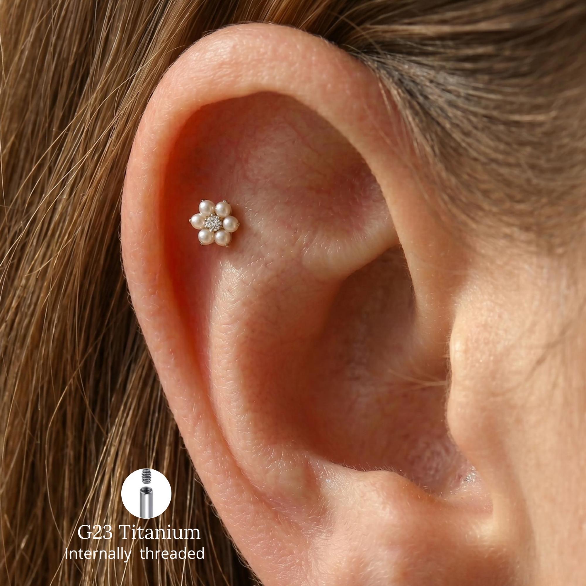 Titanium 16G Pearl Flower Flat Back Stud, CZ Floral Helix Tragus