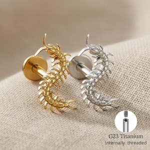 Pendiente de cartílago estilo ciempiés gótico de titanio 16G, estilo punk, para hélix, trago y concha; joyería para piercing labret con parte trasera plana.