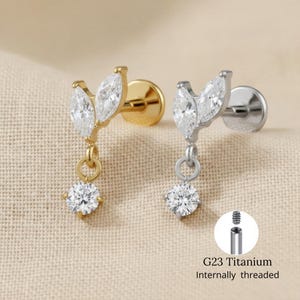 Titanium 16G Double Marquise Dangle Stud , Sparkling Zirconia Cartilage Earring , Helix Tragus Flat Back Labret Piercing Jewelry