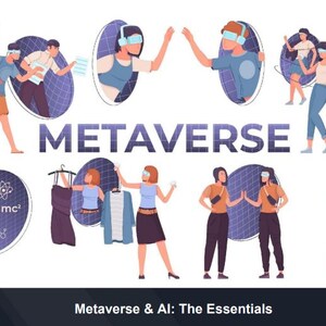 May include: An illustration with the word "Metaverse" in large purple letters. The image depicts people wearing VR headsets, interacting with virtual environments. The bottom of the image has the text "Metaverse & AI: The Essentials".