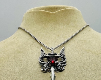 925 Sterling Silver Dragon Sword Necklace, Gothic Jewelry, Fathers Day Gift, Handmade Unisex Pendant