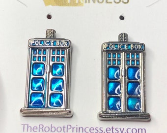 Police Box Tardis Stud Earrings, Blue, Sterling Silver, Sci-Fi, Science Fiction, Geek, Weeping Angel, Gift for Her, Pop Culture, British