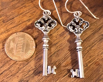Victorian Key Earrings - Retro, Sterling Silver, Steampunk, Skeleton Key, Friendship, Secret, Love, New Home, Moving Gift, Anniversary, Gift