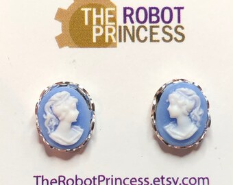 Small Silver, Wedgwood Blue & White Cameo Stud Earrings - Minimalist, Sterling Silver, Classic, Small, Regency, Austen, Victorian, Gift