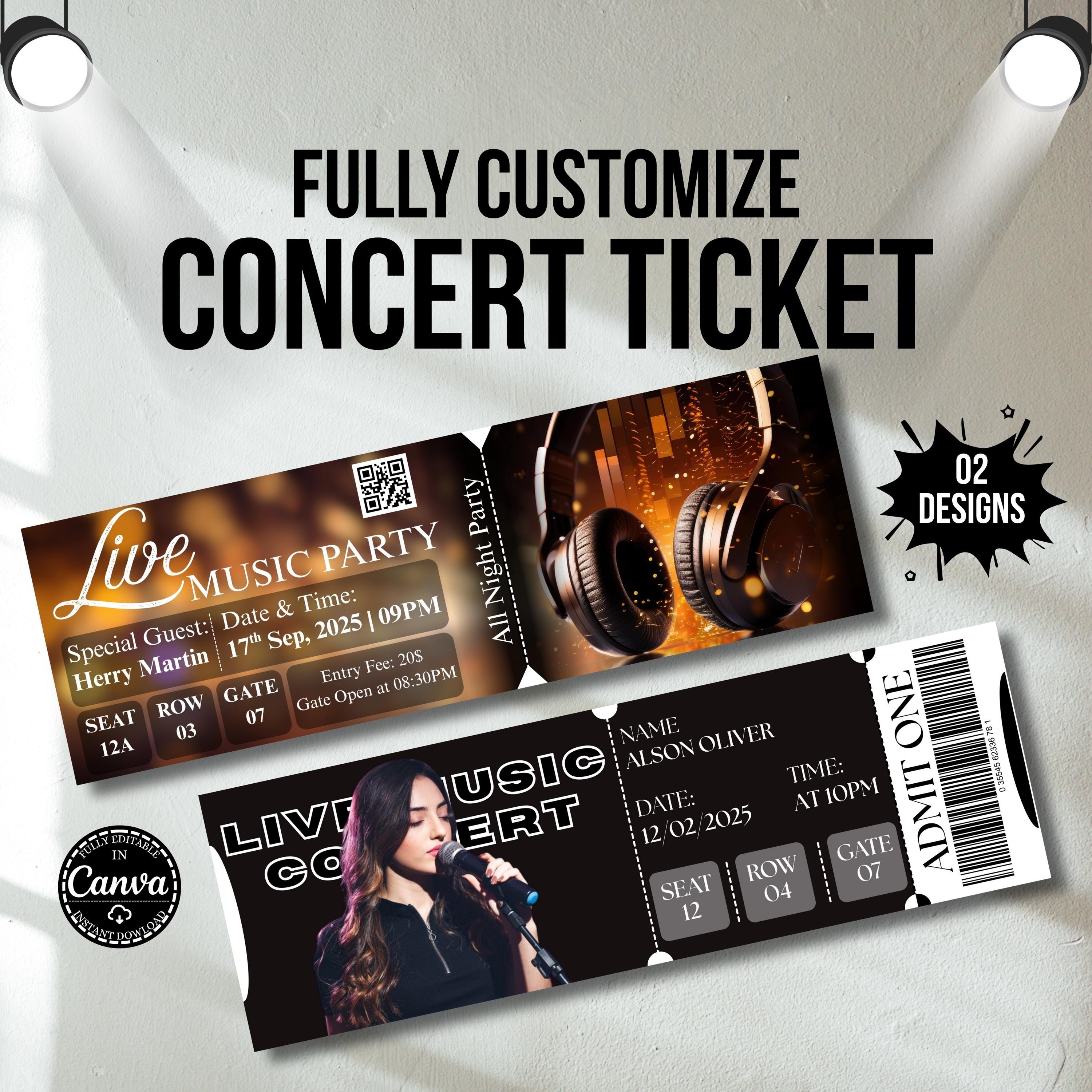 Editable Concert Ticket Template Canva Live Music Event Pass Printable ...