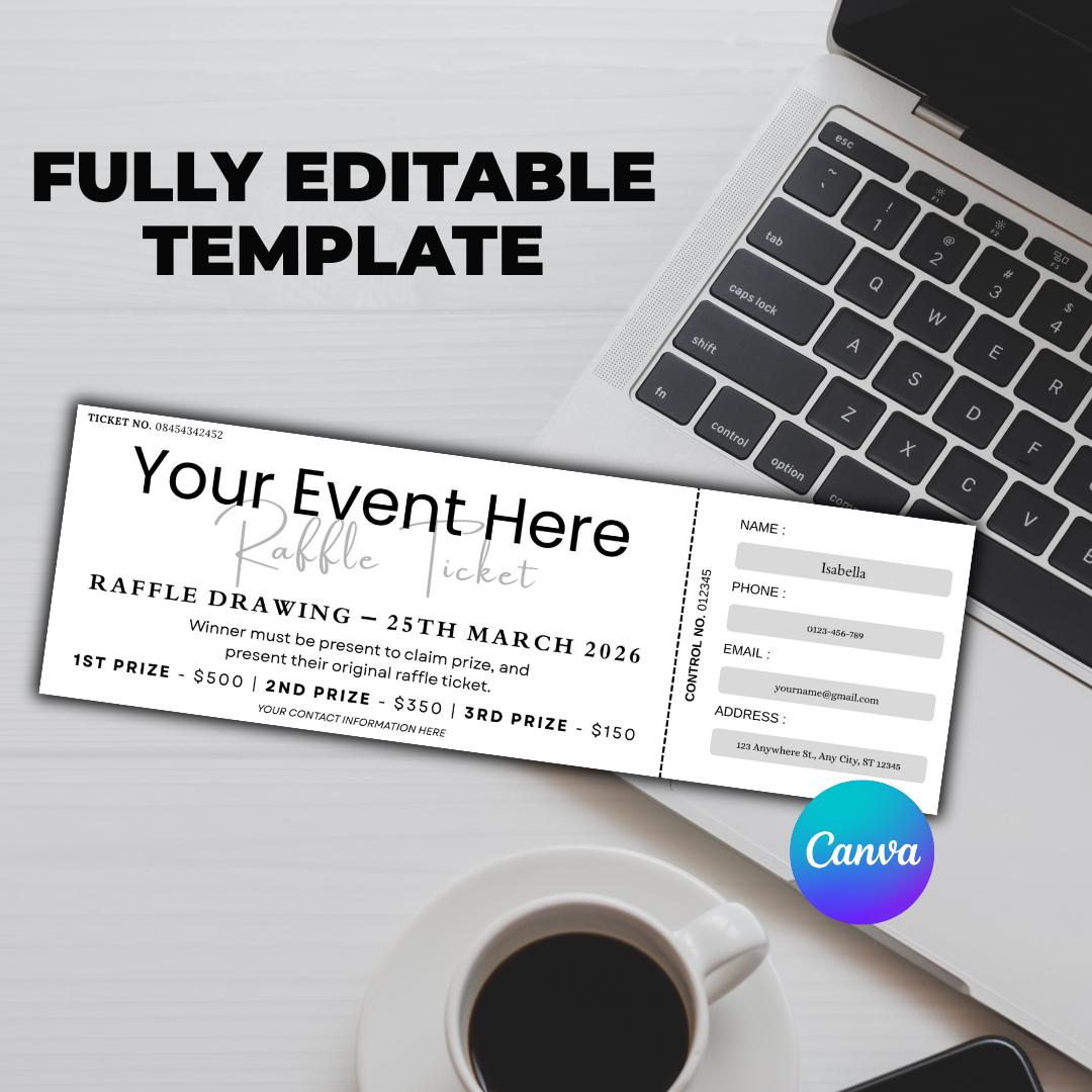Editable Raffle Ticket Template Canva Event Fundraiser Drawing Ticket ...