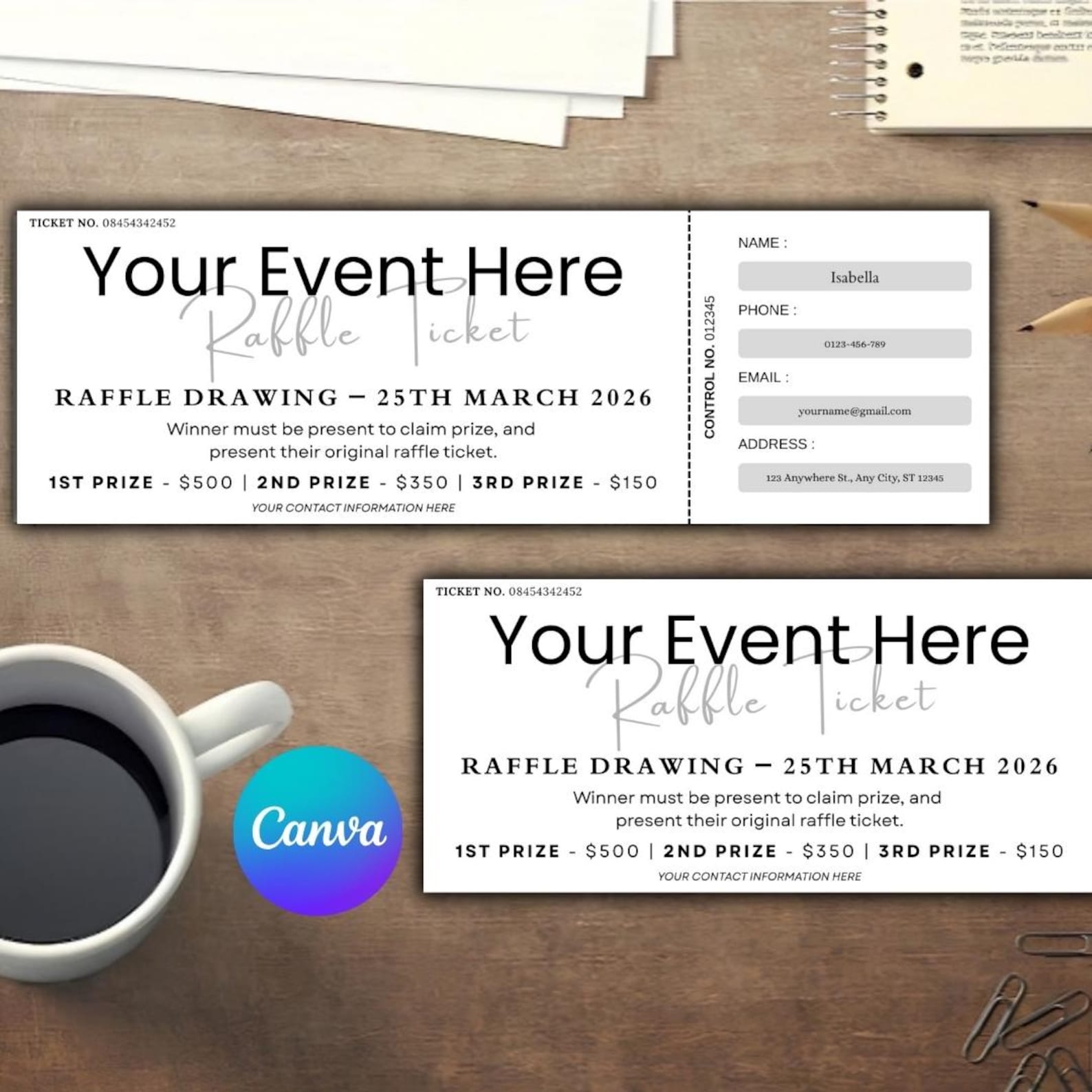 Editable Raffle Ticket Template Canva Event Fundraiser Drawing Ticket ...