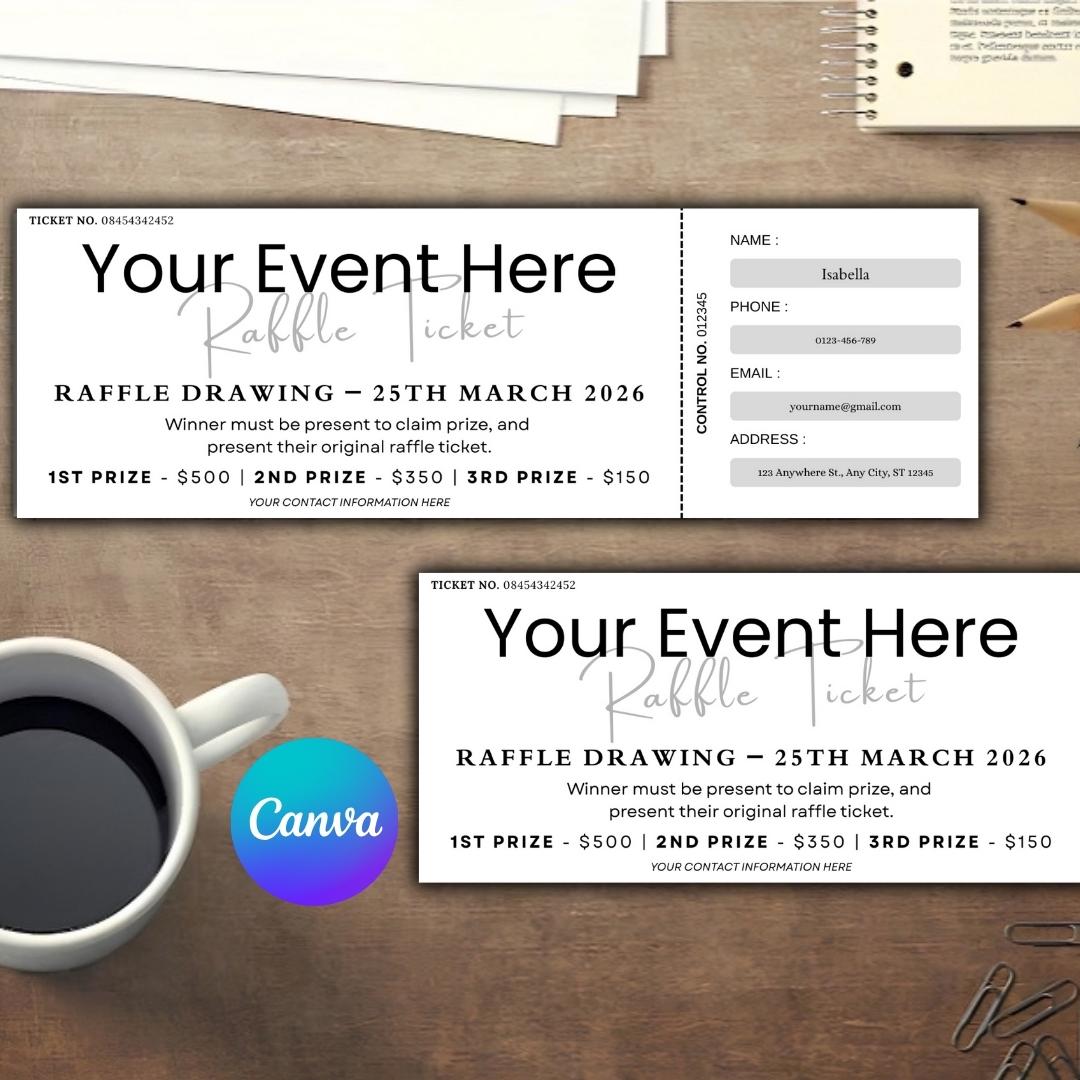 Editable Raffle Ticket Template Canva Event Fundraiser Drawing Ticket ...