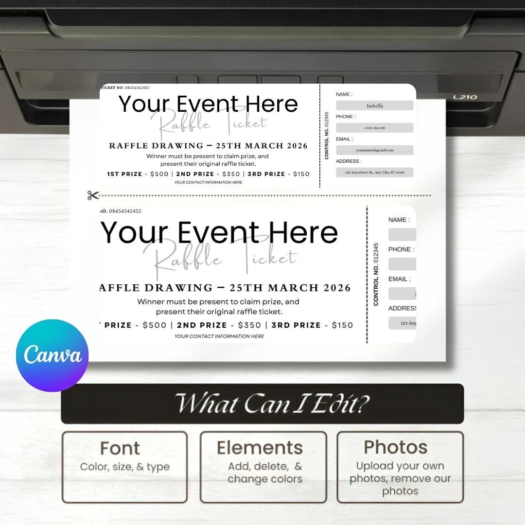 Editable Raffle Ticket Template Canva Event Fundraiser Drawing Ticket ...