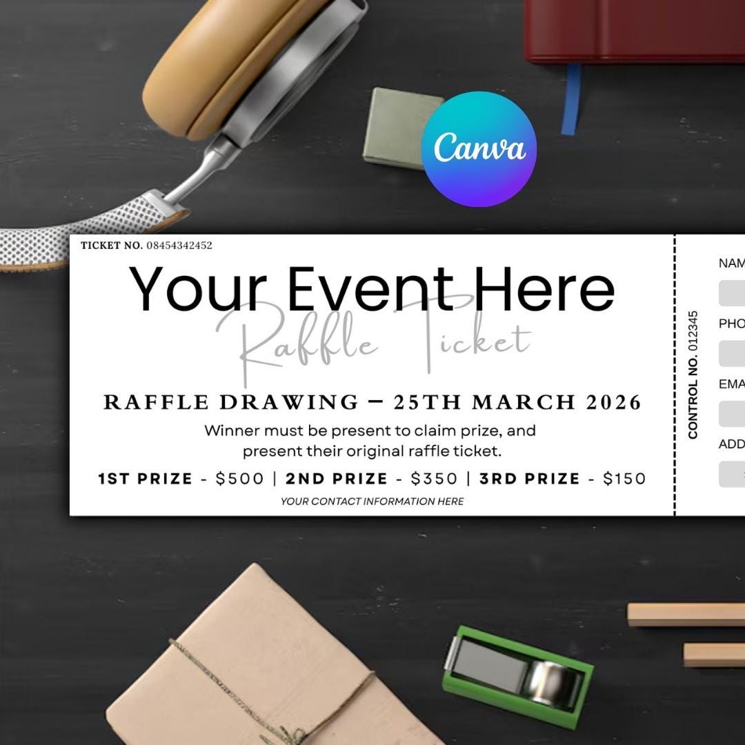 Editable Raffle Ticket Template Canva Event Fundraiser Drawing Ticket ...