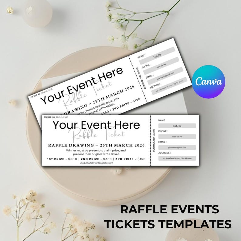 Including Raffle Editable Raffle Ticket Template Canva Event Fundraiser Drawing Ticket ...