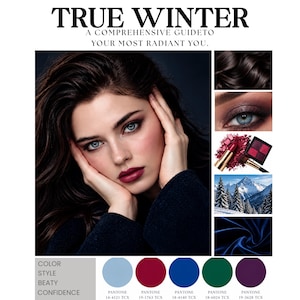 Könnte beinhalten: Ein True Winter Farbpaletten-Leitfaden mit dem Text TRUE WINTER A COMPREHENSIVE GUIDE TO YOUR MOST RADIANT YOU. Das Bild zeigt eine Person mit dunklem Haar, eine Make-up-Palette, Lippenstift, eine verschneite Berglandschaft und Stoffmuster.