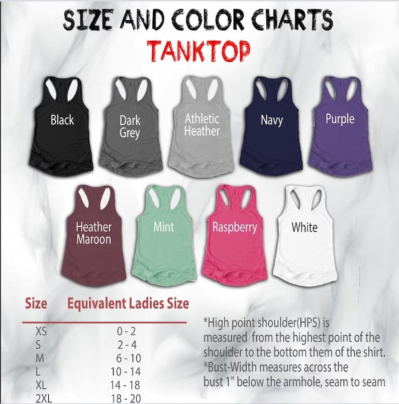 Puede incluir: Una tabla de tallas y colores para camisetas sin mangas, con nueve colores diferentes: negro, gris oscuro, athletic heather, azul marino, morado, heather maroon, menta, frambuesa y blanco. La tabla tambi&eacute;n incluye equivalencias de tallas.