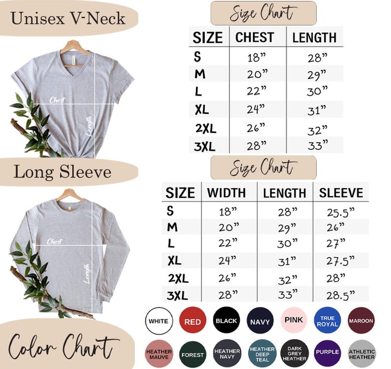 Puede incluir: Una tabla de tallas para camisetas unisex con cuello en V y manga larga. La tabla muestra las medidas de pecho, largo, ancho y manga en pulgadas para las tallas S a 3XL. Una carta de colores muestra los colores disponibles.