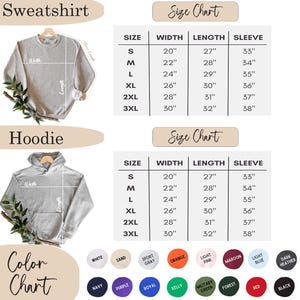 Puede incluir: Se muestra una sudadera y una sudadera con capucha de color gris claro, con tablas de tallas que muestran medidas en pulgadas para el ancho, largo y largo de manga. Una carta de colores presenta varias opciones, incluyendo blanco, negro y azul marino.