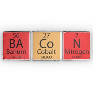 May include: Three square decorative cushions featuring the periodic table elements Barium (Ba), Cobalt (Co), and Nitrogen (N). The Barium cushion is red, the Cobalt cushion is yellow, and the Nitrogen cushion is red. Each has the element's symbol, atomic number, and atomic weight.