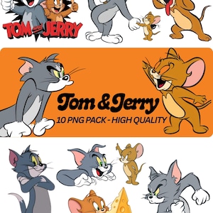 May include: A collection of Tom and Jerry cartoon character illustrations. The images feature Tom, a gray cat, and Jerry, a brown mouse, in various poses. The text "Tom & Jerry" is displayed with "10 PNG PACK - HIGH QUALITY".