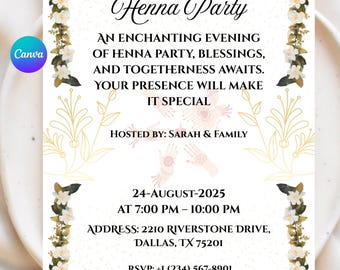 Plantilla de invitación para fiesta de henna / Invitación para una noche de mehndi / Tarjeta nupcial árabe marroquí / Descarga digital