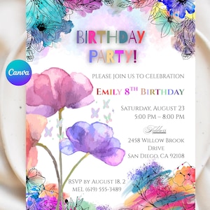 Watercolor floral birthday invitation, Girl rainbow party invite, Kids flower art Template, Editable canva