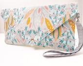 Grey Aqua Yellow Peacocks Print Envelope Style Clutch Purse