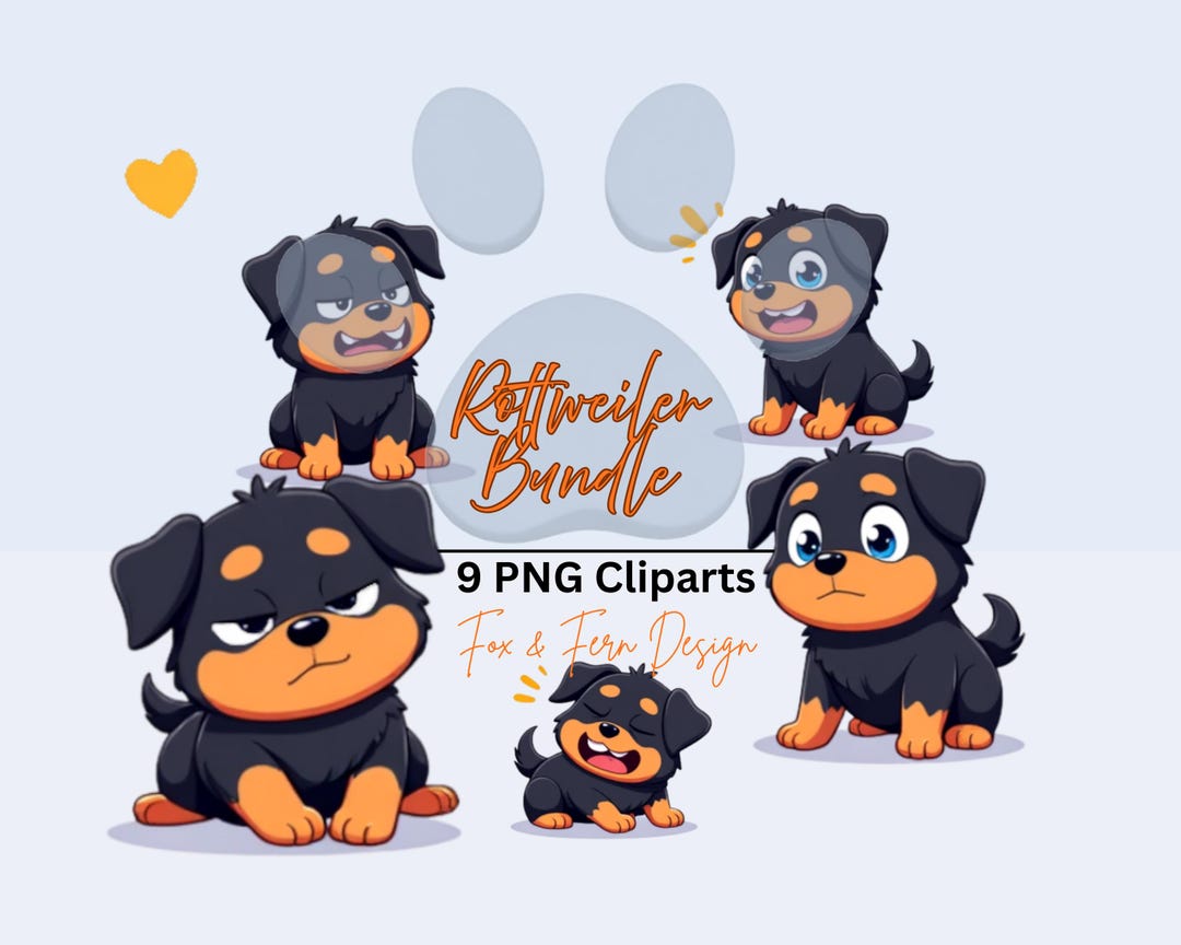 Rottweiler Clipart Bundle – 9 PNG – Cartoon Rottweiler Digital Download ...