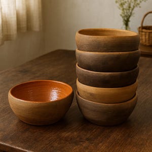 May include: A stack of six wooden bowls in varying shades of brown, with one bowl set apart. The bowls have a simple, rounded design and are arranged on a dark wooden table. The interior of one bowl is a warm orange color.