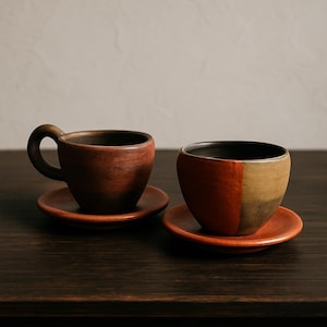 May include: Two handmade ceramic teacups and saucers. One cup is a solid reddish-brown with a handle, the other is a two-toned cup in reddish-brown and tan. Both cups sit on matching round saucers. The set is displayed on a dark wooden surface.