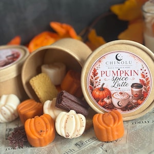 Könnte beinhalten: Ein runder Pappbehälter mit einem Etikett mit der Aufschrift CHINOLU PUMPKIN spice Latte, gefüllt mit kleinen Wachsschmelzen in Form von Kürbissen, Zimtstangen und Keksen. Die orangefarbenen und weißen kürbisförmigen Wachsstücke liegen verstreut.