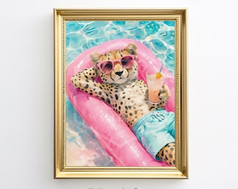 Lámina imprimible de guepardo en la playa, verano, descarga instantánea