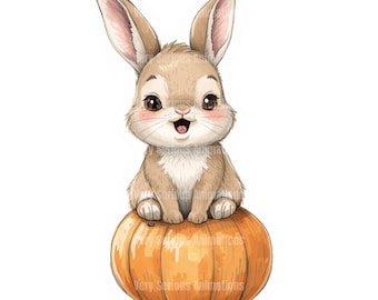 16 Cute Bunny Pumpkin Clipart Bundle, Watercolor Fall Animal PNG, Kawaii Rabbit, Autumn Sublimation Design, Thanksgiving Decor