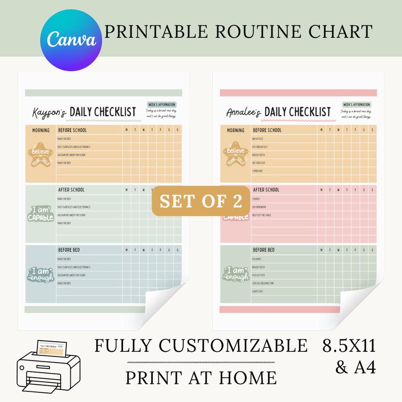 Editable Kids Daily Routine Checklist | Canva Template | Morning, After ...
