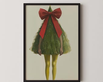 Christmas Tree Dress Art Print  CasaDreama Feminine Holiday Wall Decor with Red Bow #25