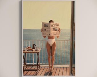 Italian Summer Amalfi Coast Print, Woman Reading Newspaper, Vintage Ocean View Poster #73