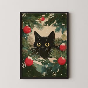 Black Cat Christmas Wreath Art Print – Festive Holiday Decor image 1