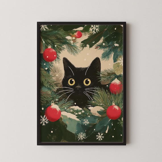 Black Cat Christmas Wreath Art Print – Festive Holiday Decor