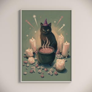 Whimsical Witch Cat Art, Pastel Goth Print, Witchcore Decor #128