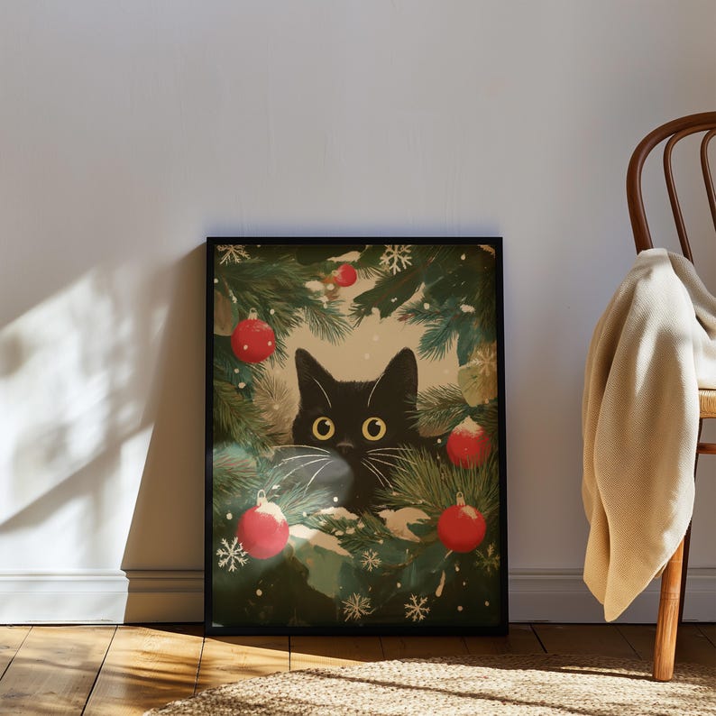 Black Cat Christmas Wreath Art Print – Festive Holiday Decor image 4