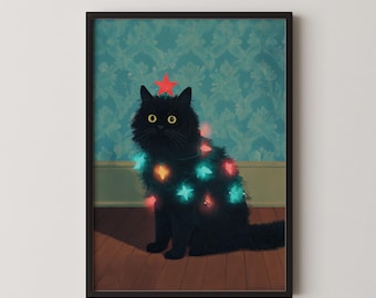 Black Cat Christmas Lights Art Print, Holiday Wall Decor