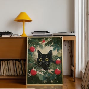 Black Cat Christmas Wreath Art Print – Festive Holiday Decor image 2
