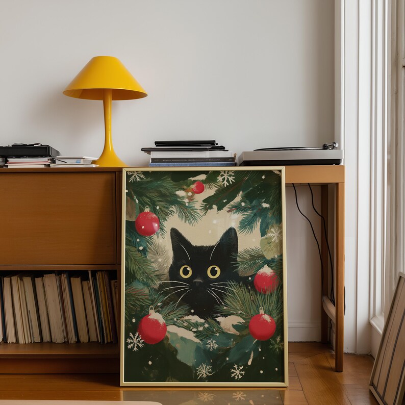 Black Cat Christmas Wreath Art Print – Festive Holiday Decor image 2