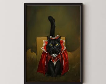 Black Cat Vampire Art Print, Gothic Halloween Wall Decor, Witchy Home Poster, Dark Fantasy Animal Painting #6
