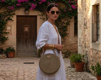 Bohemian Woven Round Jute Bag, Handmade Summer Straw Crossbody Tote, Natural Sustainable Beach Circle Purse, Unique Gift for Her