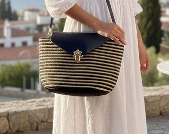 Handmade Woven Straw Crossbody Bag Black and Gold Striped Shoulder Purse for Women Unique Summer Beach Tote Gift for Her Boho Chic Handbag