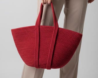 Woven Rope Tote Bag in Vibrant Red, Large Summer Beach Bag, Handmade Boho Shoulder Purse, Sturdy Daily Shopper, Chic Vacation Accessory