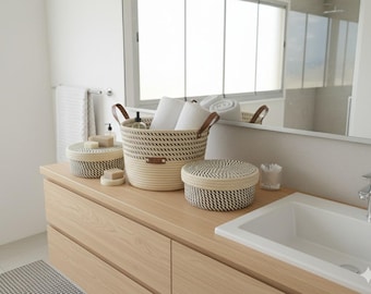 Handwoven Seagrass Storage Baskets with Lids,Black and Cream Coiled Cotton Rope Organizer Set,Boho Home Decor Gift,Unique housewarming gift