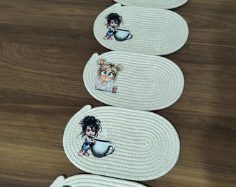 Cute Girl Coffee Mug Mat Set, Woven Jute Coaster, Fun Kitchen Decor, Morning Coffee Gift Idea,Gift for your lover,Personalized gift
