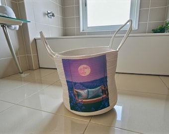 Handmade Rope Laundry Basket, Lavender Moon Print Storage Bin, Boho Nursery Organizer, Cotton Rope Hamper, Bathroom Decor, Unique Home Gift