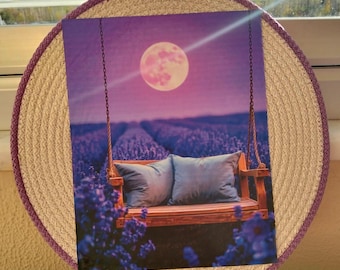 Handmade Lavender Field Wall Decor, Moon Swing Print Rope Art, Purple Nursery Hanging, Boho Home Accent, Unique Gift For Her, Bedroom Art